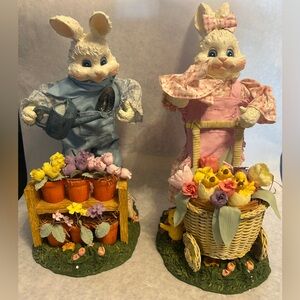 Vintage Fabric Mache Spring Bunny Bunnies Rabbit Figures Easter Set Of 2 w/ Box
